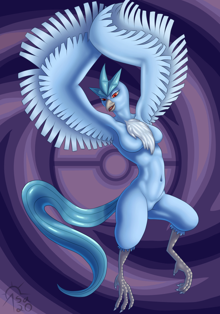2020 absurd_res anthro anthrofied articuno avian bird blue_body blue_feathers breasts feathers female hi_res legendary_pok&eacute;mon navel nintendo nude pok&eacute;mon pok&eacute;mon_(species) pok&eacute;morph red_eyes sacrificabominat solo video_games winged_arms wings