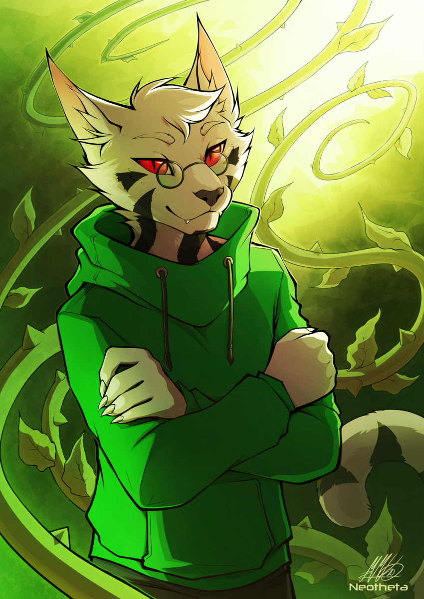 2020 5_fingers anthro clothing digital_media_(artwork) eyewear felid feline fingers fur glasses green_clothing green_hoodie green_topwear hi_res hoodie male mammal neotheta red_eyes solo topwear white_body white_fur