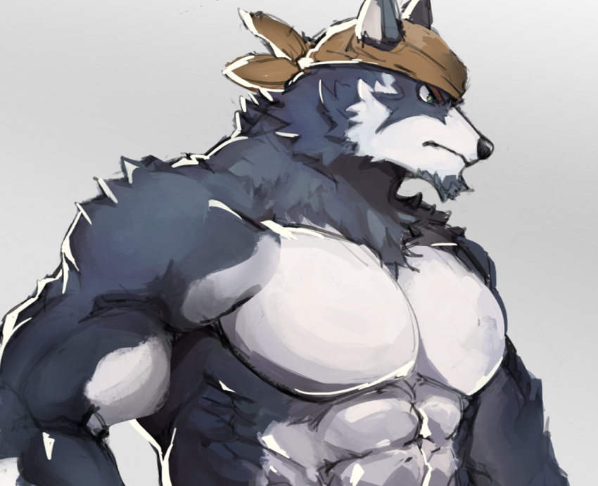 abs anthro bandanna biceps black_nose canid canine canis domestic_dog fur grey_body grey_fur husky kemo_coliseum male mammal multicolored_body multicolored_fur muscular muscular_male nordic_sled_dog pecs solo spitz stakeho_lder two_tone_body two_tone_fur volga white_body white_fur