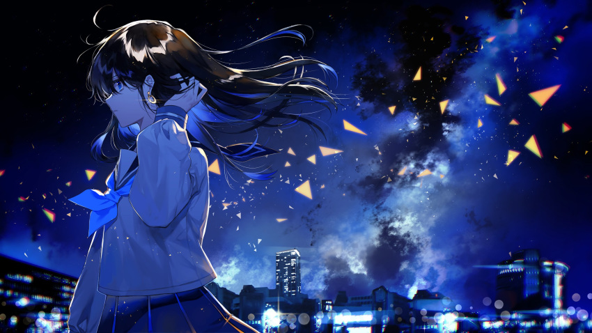1girl bangs black_hair blue_eyes blue_neckwear building chromatic_aberration cityscape cloud commentary_request earrings from_side fuuna_(conclusion) glint hair_between_eyes hair_tucking hand_up highres jewelry long_hair long_sleeves navy_blue_skirt neckerchief night night_sky original outdoors partial_commentary pleated_skirt sailor_collar school_uniform serafuku skirt sky skyscraper solo star_(sky) starry_sky wind