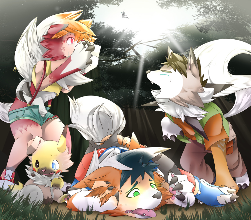 3_fingers 4_fingers absurd_res anthro ash_ketchum bent_over biped black_claws black_hair black_nose blue_eyes bodily_fluids bottomwear brock_(pok&eacute;mon) brown_body brown_eyes brown_fur brown_hair cheek_tuft claws clothing detailed_background digitigrade dusk_lycanroc facial_tuft fangs female feral fezmangaka finger_claws fingers flying footwear forced forced_transformation forest fur fused_fingers glowing glowing_eyes green_clothing green_eyes green_topwear green_vest group gym_leader hair hand_on_face heterochromia hi_res human human_to_anthro human_to_feral legendary_pok&eacute;mon looking_at_self low-angle_view lycanroc lying male mammal mewtwo mid_transformation midday_lycanroc midnight_lycanroc misty_(pok&eacute;mon) nintendo on_front open_mouth orange_body orange_clothing orange_fur orange_hair orange_shirt orange_topwear outside pants pawpads pikachu pink_nose pink_pawpads plantigrade pok&eacute;mon pok&eacute;mon_(species) quadruped red_body red_clothing red_eyes red_footwear red_fur red_shoes rockruff shirt shoes shorts sitting species_transformation standing surprise suspenders sweat tail_growth tears teeth tongue topwear torn_bottomwear torn_clothing torn_pants torn_shoes torn_shorts transformation tree tuft video_games white_body white_fur yellow_body yellow_fur yellow_tank_top
