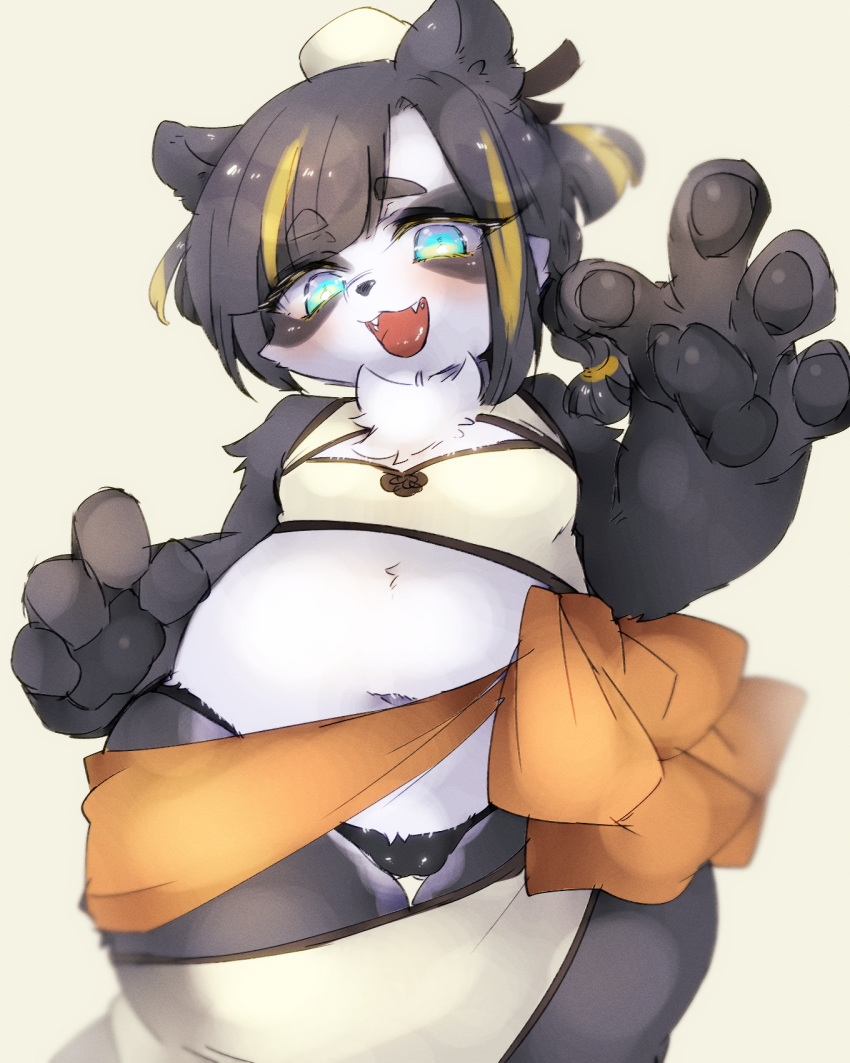 2019 4:5 4_fingers anthro black_body black_fur black_pawpads blue_eyes blush breasts camel_toe chest_tuft clothed clothing female fingers fur giant_panda hi_res htg htg92 kemono looking_at_viewer mammal multicolored_body multicolored_fur navel pawpads simple_background small_breasts snout solo standing teeth tongue tuft two_tone_body two_tone_fur ursid white_body white_fur yellow_background
