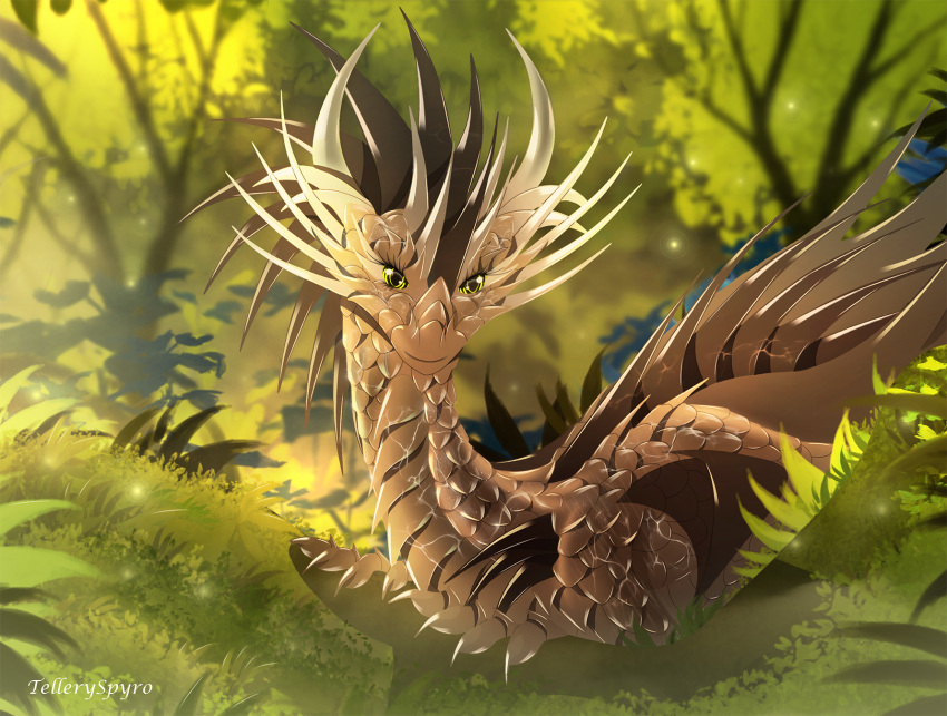 2020 claws day detailed_background digital_media_(artwork) dragon female feral forest grass hi_res horn membrane_(anatomy) membranous_wings outside scales scalie solo spines telleryspyro tree western_dragon wings