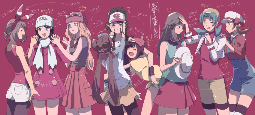 6+girls :d ^_^ baseball_cap beanie black_hair black_shirt blue_(pokemon) blue_eyes breasts brown_eyes brown_hair closed_eyes collared_shirt crystal_(pokemon) directional_arrow double_bun dress facing_another flat_chest happy haruka_(pokemon) hat hat_removed headwear_removed highres hikari_(pokemon) holding_hands hug kotone_(pokemon) long_hair looking_at_another mei_(pokemon) mizuki_(pokemon) multiple_girls open_mouth overalls pink_background pink_dress pokemon pokemon_(game) pokemon_bw pokemon_bw2 pokemon_dppt pokemon_frlg pokemon_hgss pokemon_oras pokemon_platinum pokemon_sm pokemon_xy rifu_(hunihuni1130) serena_(pokemon) shirt shorts simple_background skirt small_breasts smile standing sunglasses tied_shirt touko_(pokemon) translation_request twintails upper_body very_long_hair white_headwear white_shorts white_skirt winter_clothes yellow_shirt yellow_shorts