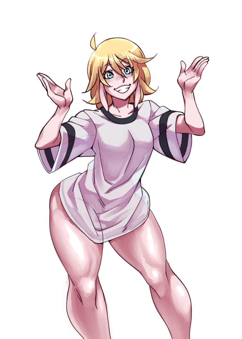 1girl absurdres ahoge blonde_hair blue_eyes breasts contrapposto fang grin highres leaning_forward legs naked_shirt nell_(nisego) nisego original pajamas_challenge see-through shirt shrugging slender_waist small_breasts smile solo standing t-shirt thick_thighs thighs w_arms wide_hips
