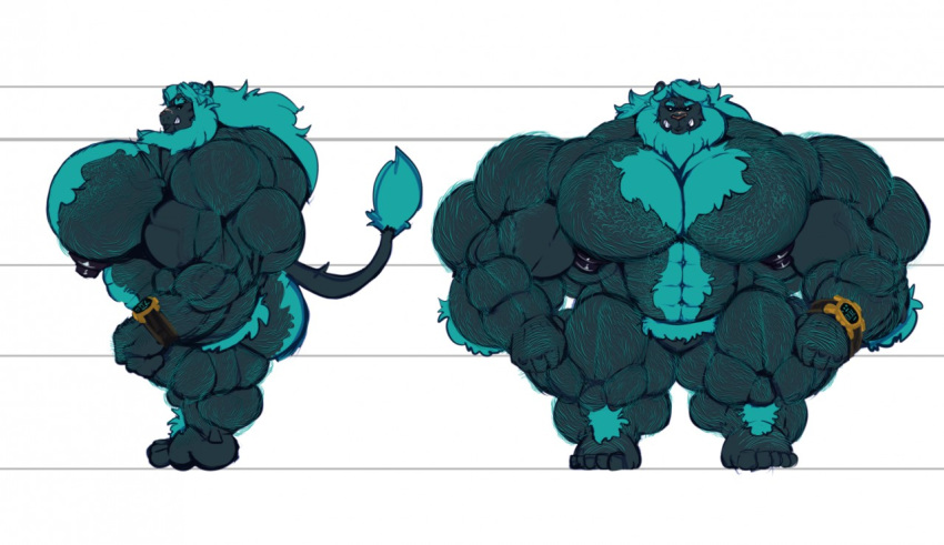 5_fingers 5_toes anthro big_muscles blue_body blue_fur bobert clock fangs featureless_crotch felid fingers front_view fur huge_muscles hyper hyper_muscles hyper_pecs lion male mammal model_sheet muscular nipples pantherine rolibar side_view toes watch wristwatch