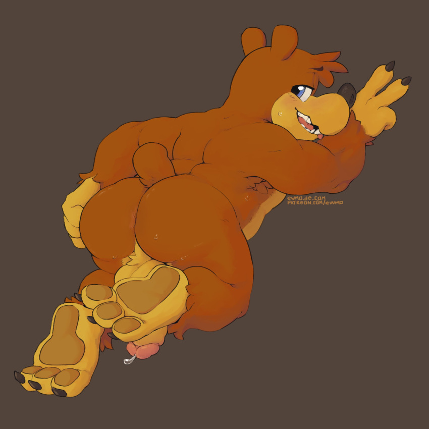 1:1 2020 3_toes all_fours anthro anus backsack balls banjo-kazooie banjo_(banjo-kazooie) barefoot biceps blue_eyes blush bodily_fluids brown_background brown_body brown_fur butt claws cum cum_on_ground cum_on_penis ewmo.de flaccid foot_focus fur genital_fluids genitals hand_on_butt hi_res humanoid_penis looking_at_viewer looking_back male mammal muscular nude on_ground open_mouth pawpads paws penis perineum pink_anus pink_tongue precum presenting presenting_anus presenting_hindquarters presenting_penis rareware sharp_claws sharp_teeth simple_background smile soles solo sweat tan_balls tan_body tan_penis tan_skin teeth thick_thighs toe_claws toes tongue triceps ursid video_games