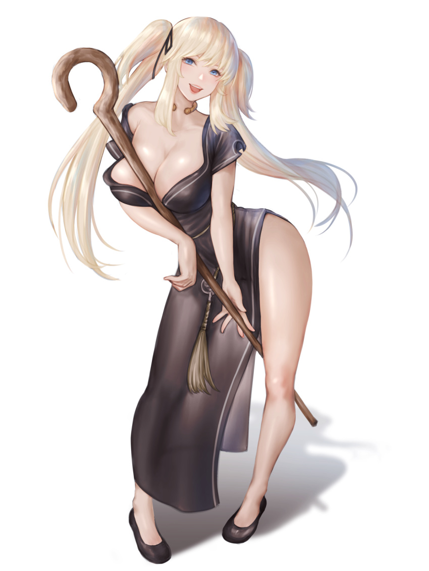 1girl bare_legs black_dress black_footwear blonde_hair blue_eyes breasts china_dress chinese_clothes cleavage dress full_body hair_ribbon high_heels highres large_breasts mabinogi nao_(mabinogi) nyatokanyaru ribbon shadow staff standing twintails white_background