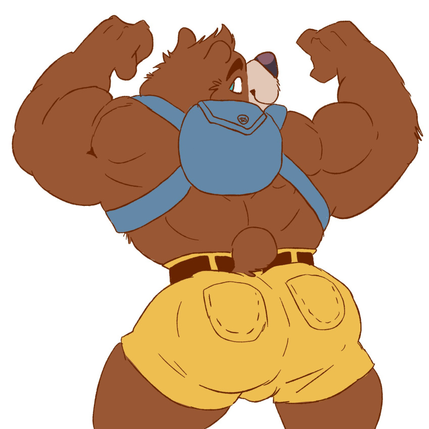 2019 backpack banjo-kazooie banjo_(banjo-kazooie) belt big_arms big_butt1:1 big_muscles black_nose blue_eyes bottomwear brown_body brown_fur butt clothed clothing flexing fur ghoskee hi_res looking_back male mammal muscular rareware rear_view short_tail shorts simple_background smile solo standing tight_clothing topless ursid video_games