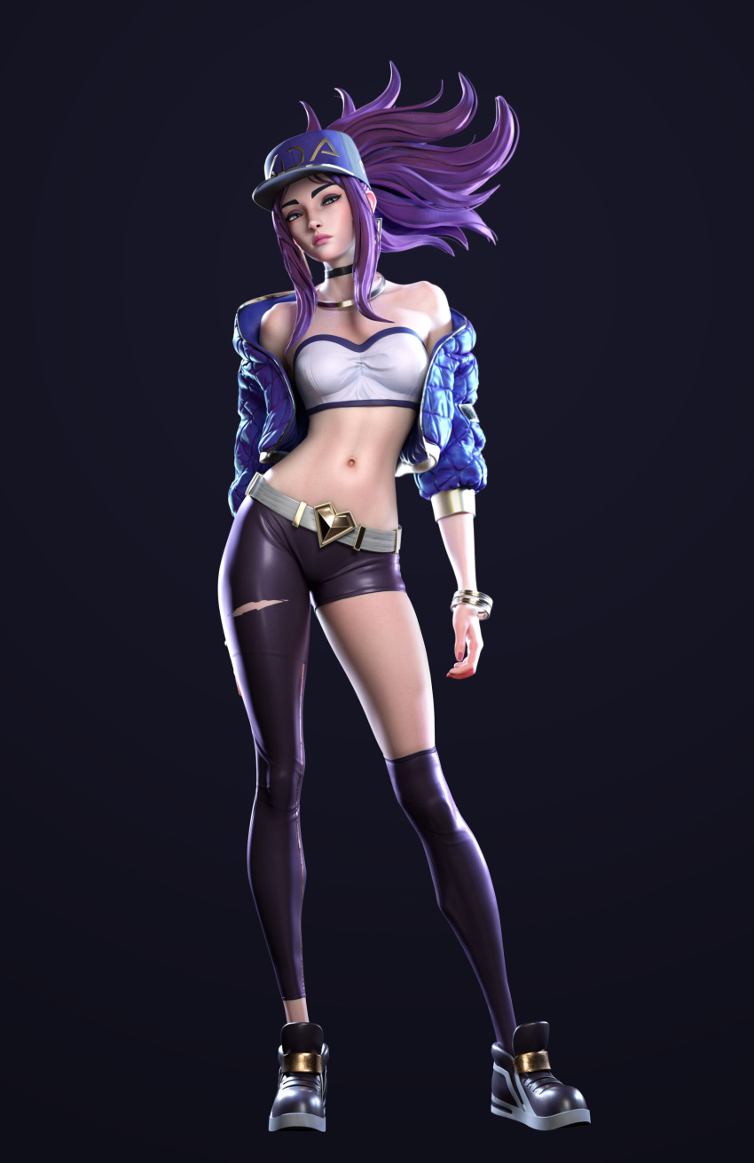 1girl absurdres akali asymmetrical_clothes asymmetrical_legwear baseball_cap belt black_legwear bracelet breasts choker cleavage cropped_jacket hand_on_hip hat highres holding hood hood_down hooded_jacket idol jacket jewelry k/da_(league_of_legends) k/da_akali league_of_legends lips long_hair luo_qi_sheng mask medium_breasts midriff navel orange_eyes pink-tinted_eyewear ponytail purple_eyes purple_hair raver simple_background single_pantsleg single_thighhigh solo spray_paint thighhighs white_background