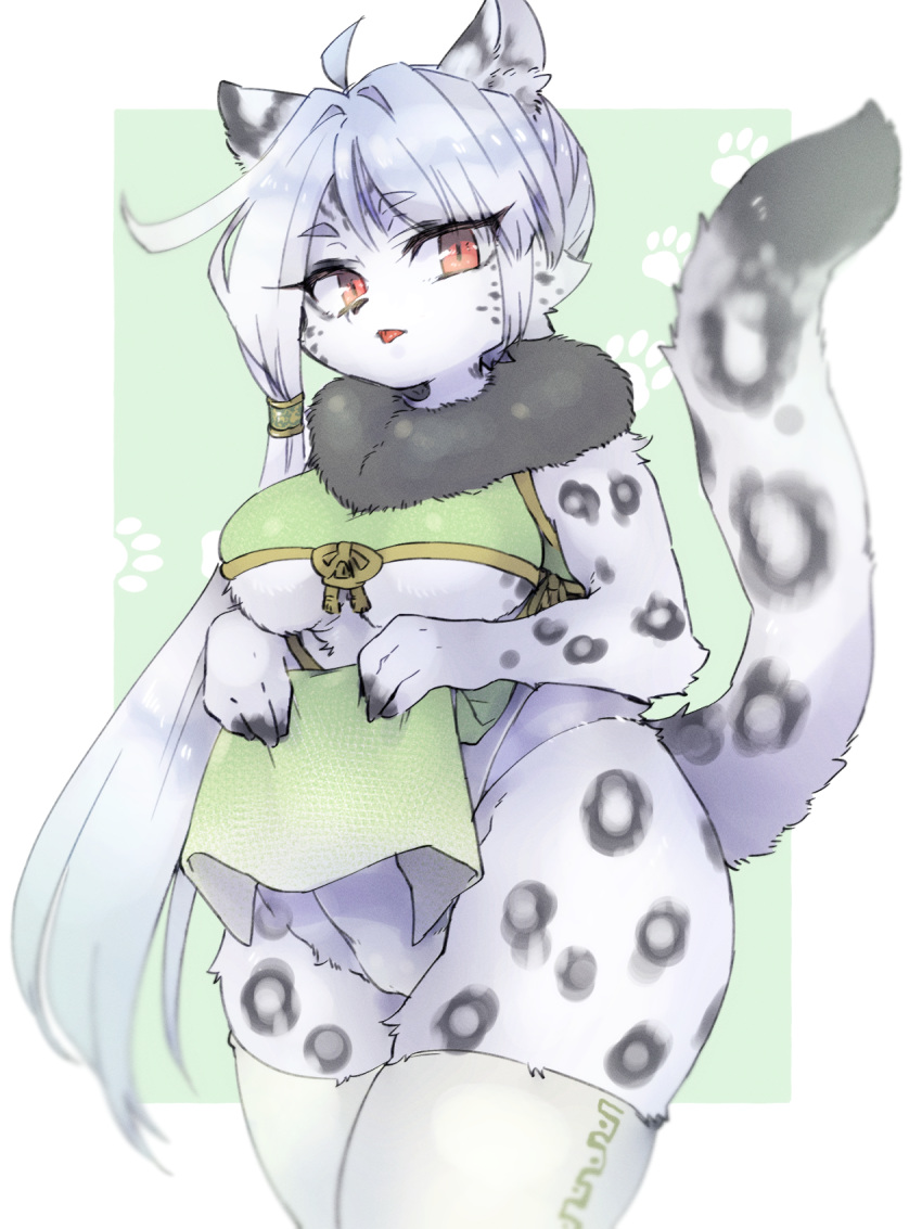 2019 3:4 4_fingers anthro breasts clothed clothing clothing_lift felid female fingers fur hair hi_res htg htg92 kemono long_hair mammal open_mouth pantherine red_eyes simple_background snow_leopard solo under_boob white_body white_fur white_hair