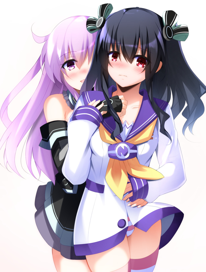 2girls :d bangs black_dress black_gloves black_hair blush choujigen_game_neptune closed_mouth collarbone cosplay costume_switch cowboy_shot detached_sleeves doria_(5073726) dress embarrassed eyebrows_visible_through_hair fingerless_gloves frown gloves hair_ribbon highres jacket long_hair long_sleeves looking_at_viewer multiple_girls neckerchief nepgear nepgear_(cosplay) neptune_(series) no_pants nose_blush open_mouth panties pantyshot pantyshot_(standing) pink_hair pink_legwear pink_panties purple_eyes purple_sailor_collar red_eyes ribbon sailor_collar sidelocks simple_background sleeves_past_wrists smile standing striped striped_legwear striped_panties thighhighs underwear uni_(neptune_series) uni_(neptune_series)_(cosplay) very_long_hair wavy_mouth white_background white_jacket yellow_neckwear