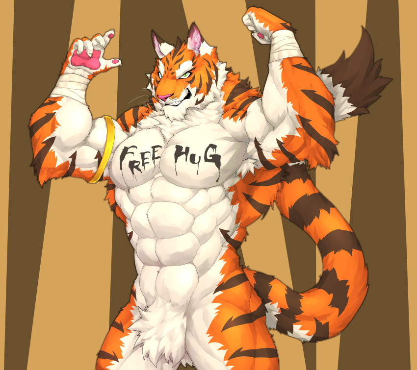 2020 5_fingers abs absurd_res anthro biceps big_muscles captainjohkid digital_media_(artwork) felid fingers fur green_eyes grin hi_res male mammal muscular muscular_male nude orange_body orange_fur pantherine pecs sharp_teeth simple_background smile solo striped_body striped_fur stripes teeth tiger tuft