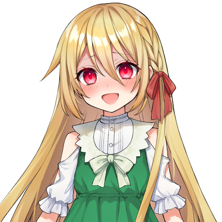 1girl akariko bangs bare_shoulders blonde_hair blush braid commentary_request copyright_request dress eyebrows_visible_through_hair green_dress hair_between_eyes hair_ribbon happy highres long_hair looking_at_viewer red_eyes red_ribbon ribbon short_sleeves solo tachi-e transparent_background