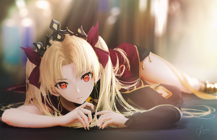 1girl blonde_hair blurry crown depth_of_field ereshkigal_(fate/grand_order) fate/grand_order fate_(series) long_hair looking_at_viewer lying ojay_tkym on_stomach red_eyes red_ribbon ribbon signature single_thighhigh skull_collar solo solo_focus thighhighs twintails