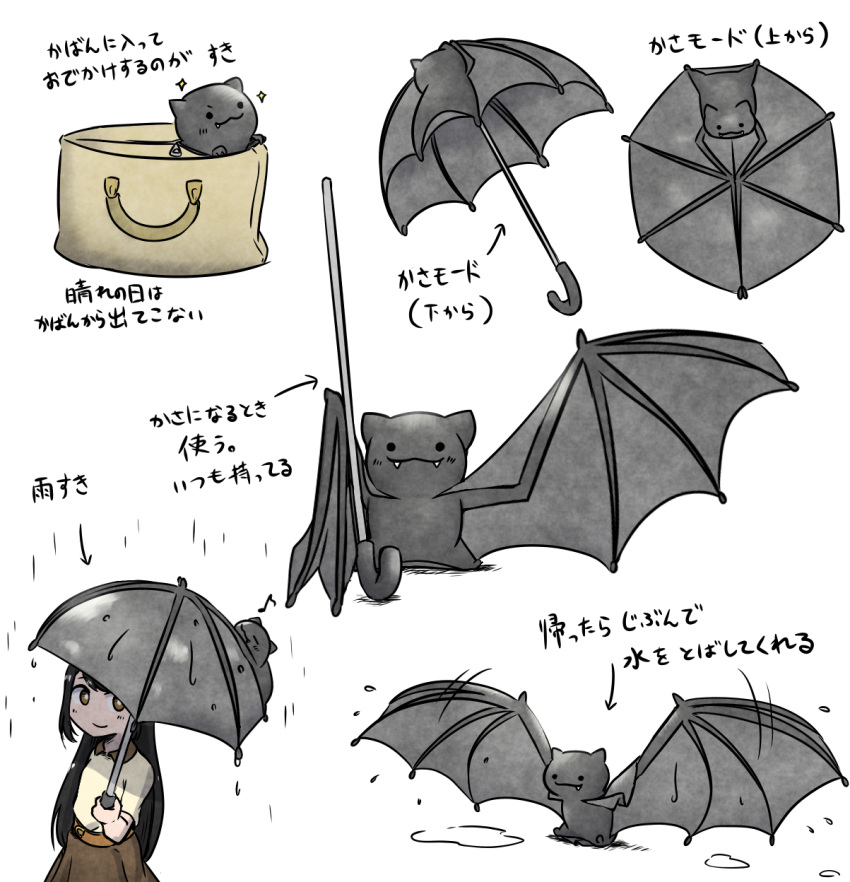 1girl bag bat belt black_hair cane collage commentary fangs gleam handbag highres kashiwa_(3920kashiwa) long_hair original rain short_sleeves translated umbrella wet white_background