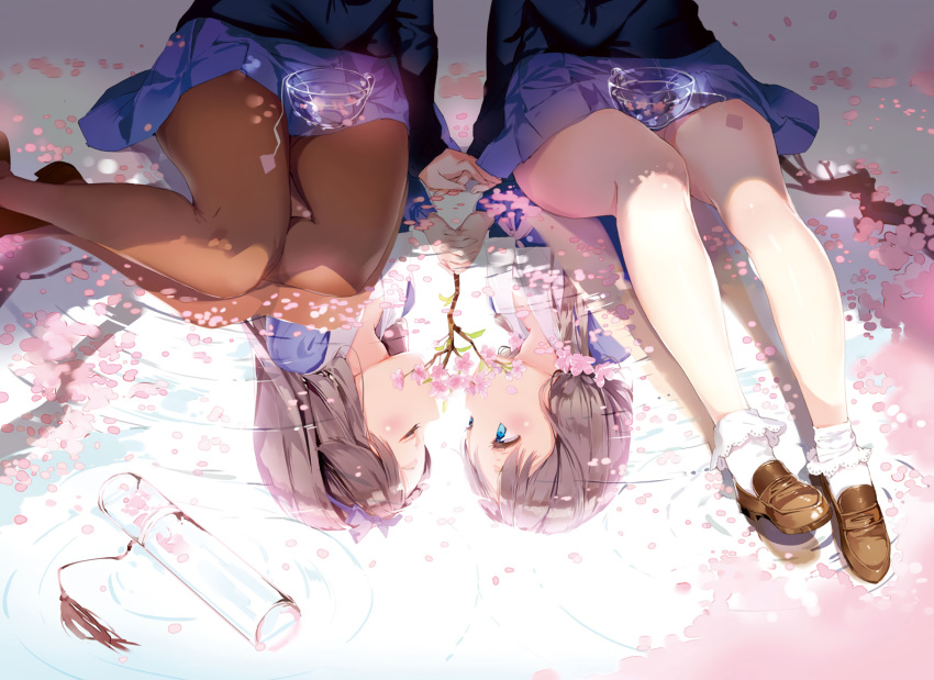 2girls anmi anthropomorphism blue_eyes brown_hair cherry_blossoms cropped flowers pantyhose petals reflection scan school_uniform shoujo_ai socks water