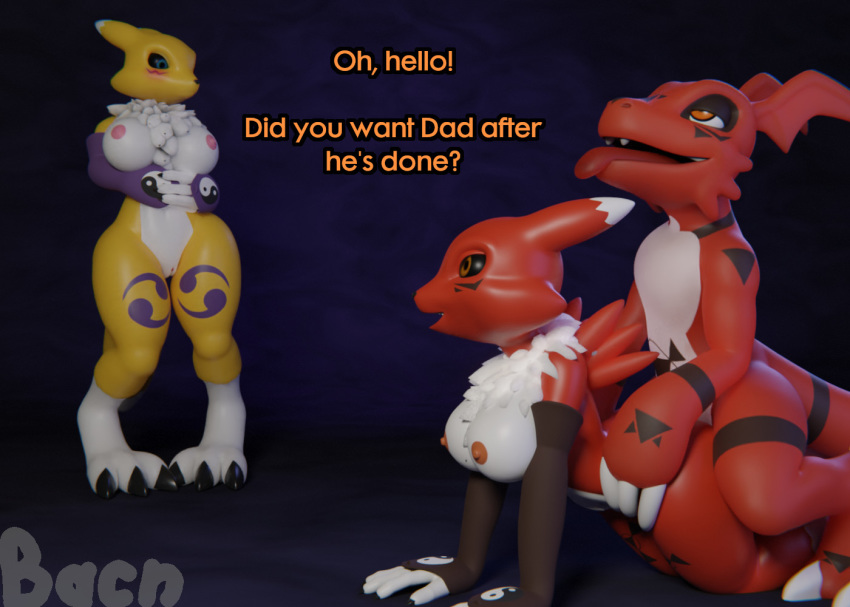 2020 3d_(artwork) ambiguous_penetration anthro bacn being_watched big_breasts blue_eyes blush breasts canid canine clothing daughter dialogue digimon digimon_(species) digital_media_(artwork) duo english_text father father_and_child father_and_daughter female fur genitals greeting guilmon happy happy_sex incest looking_at_another male male/female male_penetrating mammal mother nipples nude open_mouth parent parent_and_child penetration pussy renamon sex simple_background smile text tongue tongue_out white_body yellow_body