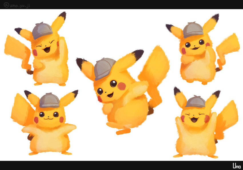 ambiguous_gender clothing detective_pikachu feral fur hat headgear headwear hi_res letterbox mammal nintendo pikachu pok&eacute;mon pok&eacute;mon_(species) rodent simple_background smile solo uno_yuuji video_games white_background yellow_body yellow_fur