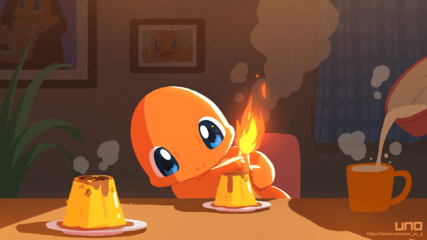 16:9 ambiguous_gender charmander cup feral fire food furniture hi_res inside nintendo plate pok&eacute;mon pok&eacute;mon_(species) pudding scalie sitting table text uno_yuuji unseen_character url video_games