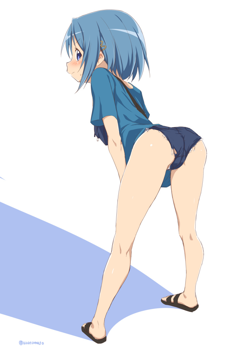 1girl abutomato ass bag bare_arms bare_legs black_footwear blue_eyes blue_hair blue_shirt blue_shorts blush commentary_request cutoff_jeans cutoffs denim denim_shorts flat_ass from_behind full_body hair_ornament hairclip highres kneepits leaning_forward looking_at_viewer mahou_shoujo_madoka_magica miki_sayaka neck nose_blush panties panty_peek partially_visible_vulva sandals shirt short_hair short_shorts short_sleeves shorts shoulder_bag sidelocks solo standing twisted_torso underwear white_panties