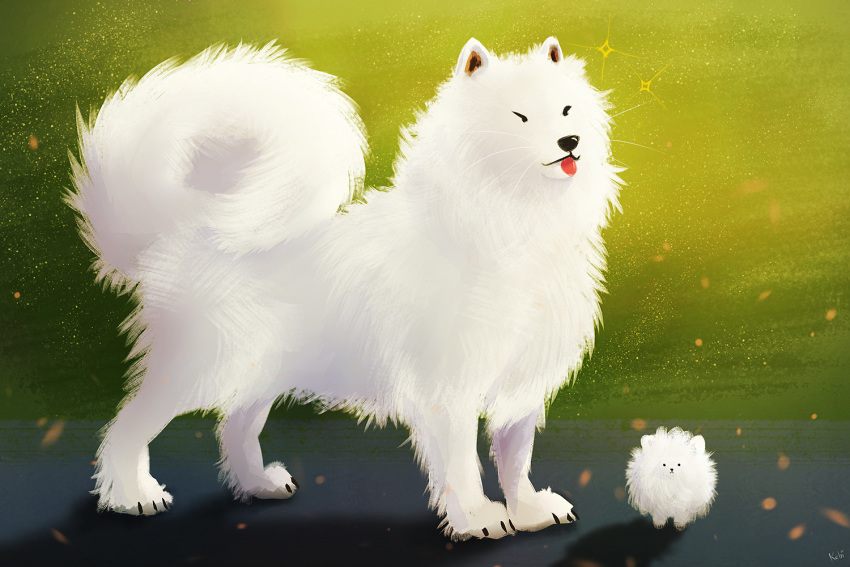 2019 3:2 ambiguous_gender black_nose canid canine canis domestic_dog dot_eyes duo feral fluffy fluffy_tail fur kebi mammal nordic_sled_dog pomeranian samoyed shadow spitz tongue tongue_out whiskers white_body white_fur