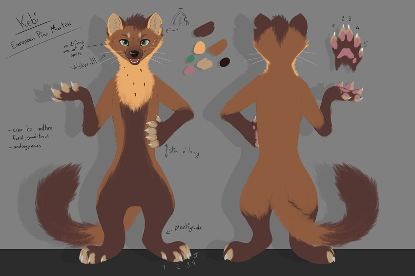 2019 3:2 anthro black_nose brown_body brown_fur english_text featureless_crotch fur head_tuft inner_ear_fluff kebi kebi_(character) mammal marten model_sheet mustelid musteline notched_ear open_mouth open_smile pine_marten plantigrade smile spots spotted_body spotted_fur standing text tuft whiskers