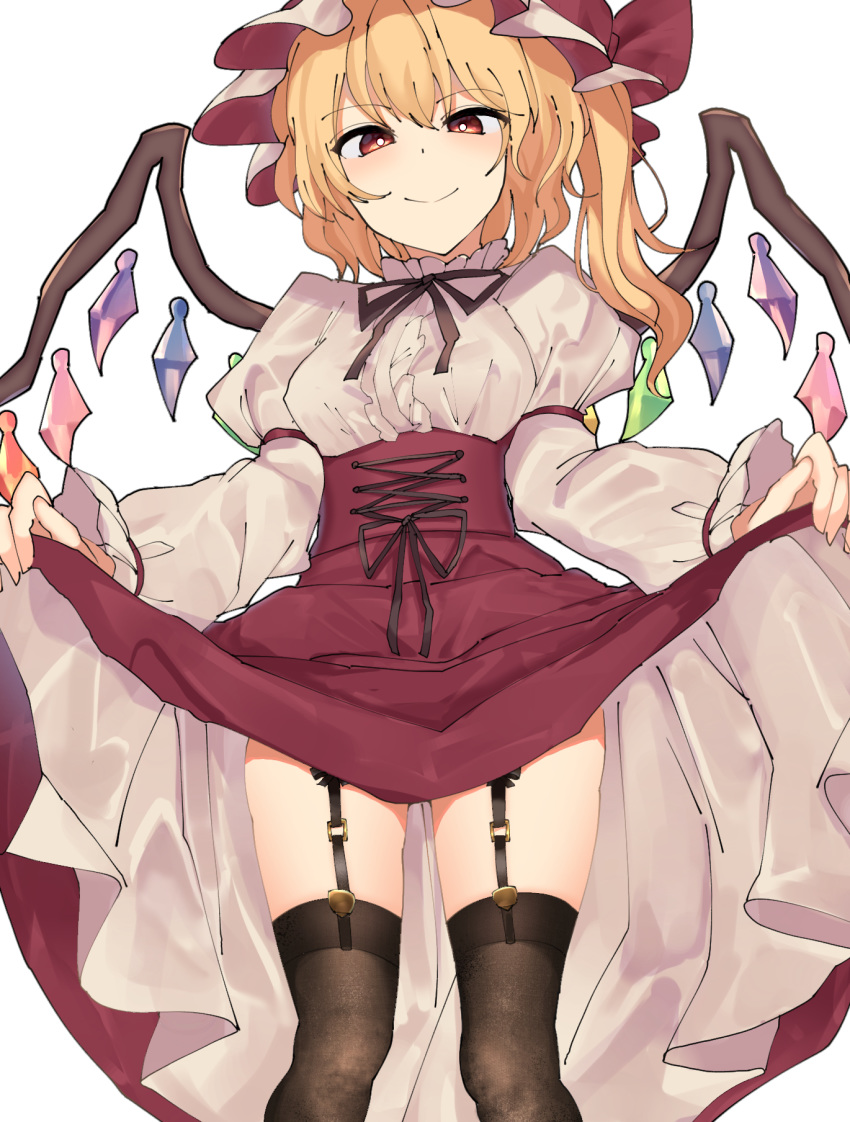 1girl bangs black_legwear blonde_hair blush breasts bright_pupils closed_mouth commentary_request corset crystal dress dress_lift feet_out_of_frame flandre_scarlet frilled_hat frilled_sleeves frills garter_straps hat hat_ribbon highres juliet_sleeves kozomedzuki lifted_by_self long_sleeves looking_at_viewer looking_down medium_breasts mob_cap neck_ribbon puffy_sleeves red_eyes ribbon short_hair side_ponytail simple_background smile smug solo thighhighs thighs touhou white_background white_pupils wings