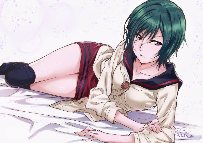 1girl black_legwear bleach breasts green_hair highres kujou_nozomi lying on_side puma_(hyuma1219) purple_eyes school_uniform serafuku skirt solo thighhighs