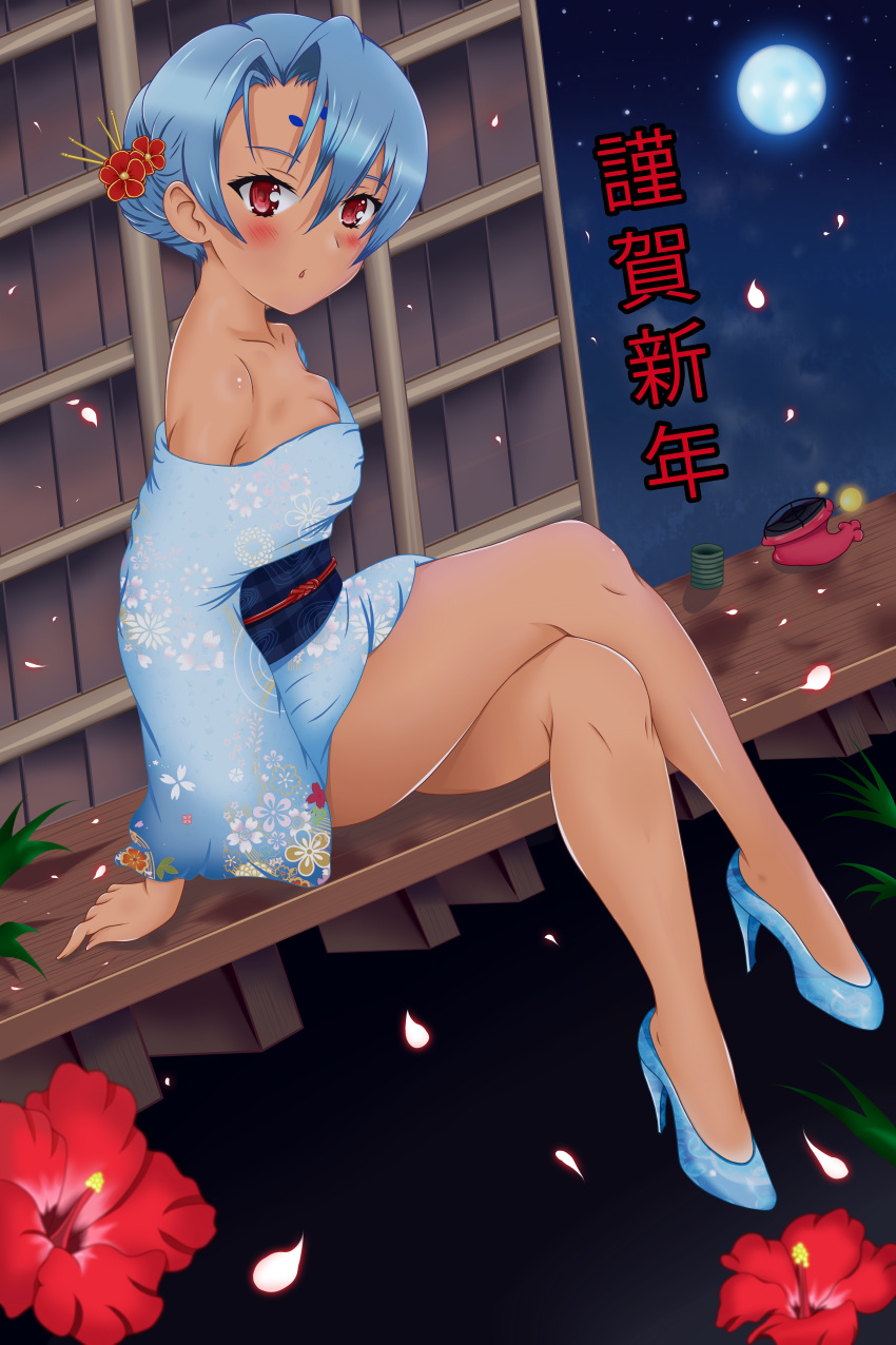 1girl absurdres alternate_costume alternate_hairstyle bare_shoulders blue_hair blue_kimono blush breasts cleavage collarbone crossed_legs dark_skin flower hair_between_eyes hair_ornament hairclip happy_new_year high_heels highres huge_filesize japanese_clothes kimono legs long_sleeves looking_at_viewer new_year night night_sky open_mouth outdoors rance_(series) red_eyes short_hair silky_littleraisin sitting sky small_breasts solo tan