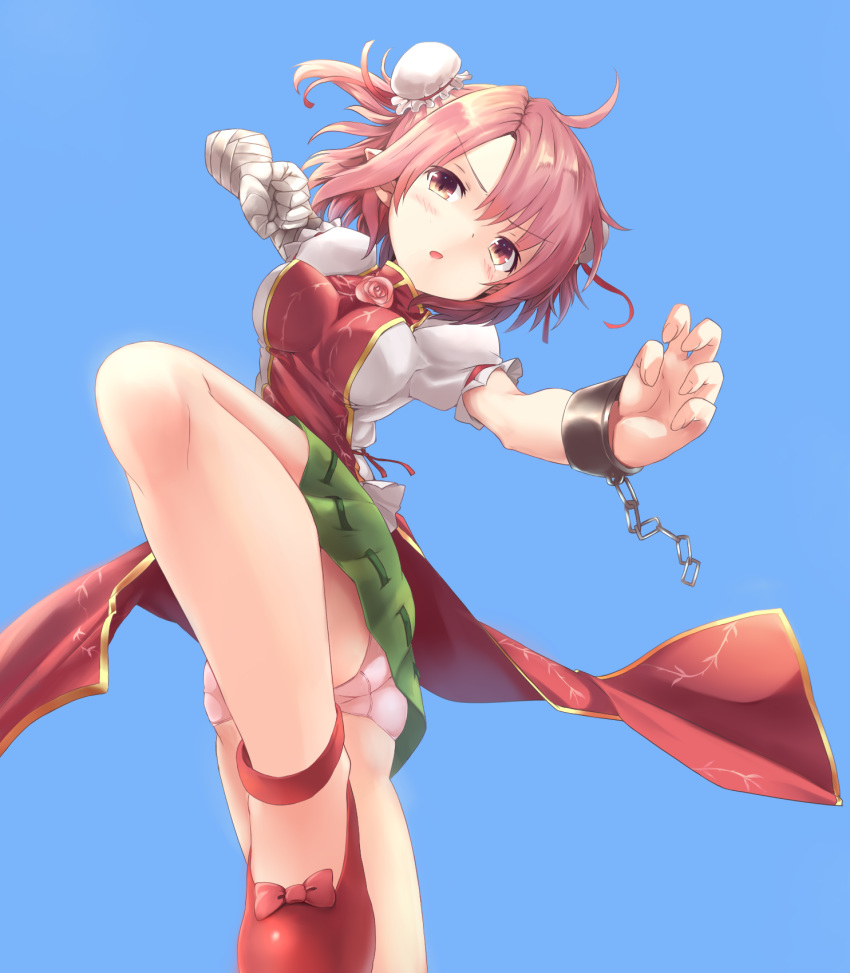 1girl bad_anatomy bandages bare_legs blue_background bow bun_cover chain cowboy_shot curled_fingers fighting_stance flower furrowed_eyebrows green_skirt highres ibaraki_kasen kuro_(baseball0000) looking_at_viewer panties pantyshot pink_eyes pink_flower pink_hair pink_rose red_footwear rose serious shoe_bow shoes short_hair simple_background skirt solo standing standing_on_one_leg tabard touhou underwear white_panties