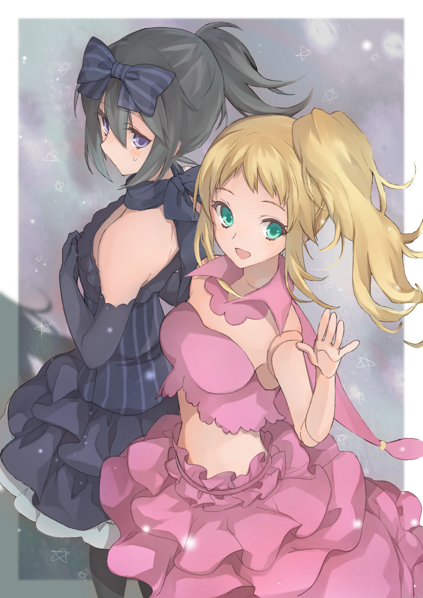 2girls :d bangs bare_shoulders black_bow black_dress black_gloves black_hair black_legwear black_scarf blonde_hair blush bow clara_&amp;_rushka_-_the_ventriloduo commentary_request cowboy_shot crop_top detached_collar doll_joints dress duel_monster elbow_gloves eyebrows_visible_through_hair frilled_dress frilled_skirt frills gloves green_eyes hair_bow hand_up highres long_hair looking_at_viewer midriff multiple_girls no_navel open_mouth pantyhose pink_collar pink_dress pink_skirt ponytail profile purple_eyes scarf scarf_bow shadow side_ponytail sidelocks skirt smile standing star starry_background strapless strapless_dress striped striped_bow striped_dress sweatdrop tsumayouji_(dekosoko) waving yuu-gi-ou