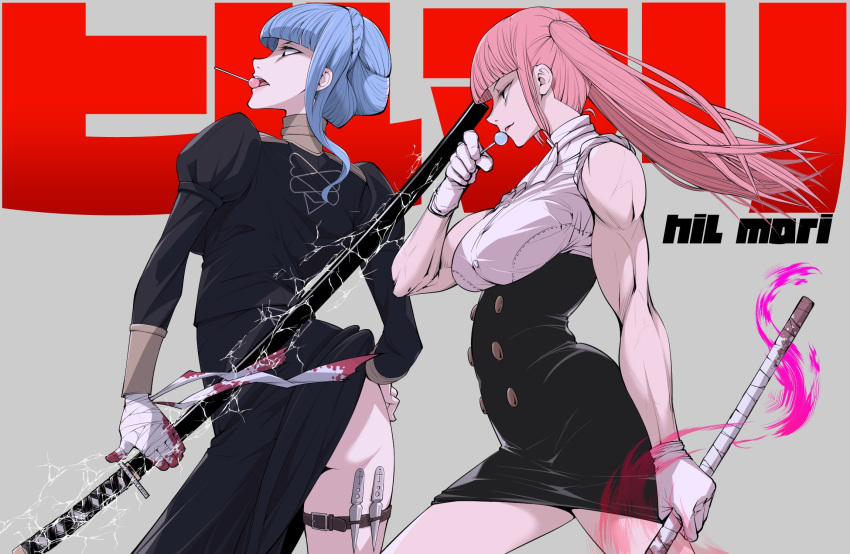 2girls arched_back ass back bandaged_hand bangs biceps black_dress black_eyes black_skirt blood blue_hair blunt_bangs braid breasts candy contrapposto cowboy_shot crown_braid dagger dress electricity fire_emblem fire_emblem:_three_houses food garreg_mach_monastery_uniform gloves grey_background hand_on_hip high-waist_skirt highres hilda_valentine_goneril i0ekfkr17pa7jbh katana kill_la_kill lollipop long_hair long_sleeves marianne_von_edmund medium_breasts multiple_girls muscle neckerchief open_mouth parody pink_hair profile puffy_long_sleeves puffy_sleeves scabbard sheath sheathed short_hair simple_background skirt sleeves_rolled_up standing style_parody sword taut_clothes thigh_strap thighs twintails walking weapon white_gloves