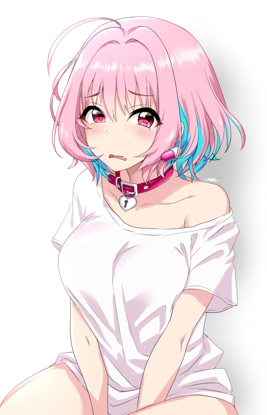 1girl ahoge bare_shoulders breasts collar fang highres idolmaster idolmaster_cinderella_girls lock looking_at_viewer medium_hair non_(nonzile) off_shoulder open_mouth pink_eyes pink_hair solo tears yumemi_riamu