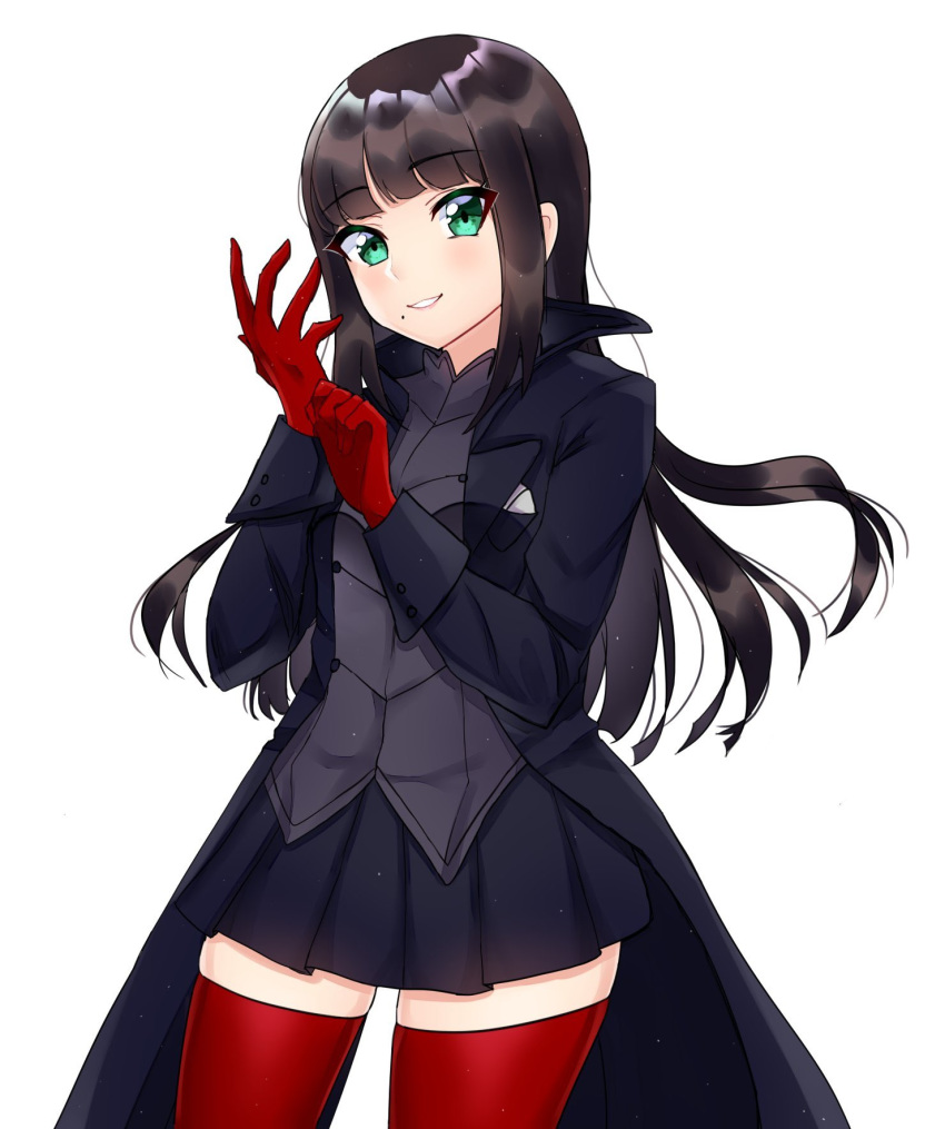 1girl adapted_costume amamiya_ren amamiya_ren_(cosplay) bangs black_hair black_jacket black_skirt blunt_bangs blush cosplay cowboy_shot eyebrows_visible_through_hair gloves green_eyes highres jacket kurosawa_dia long_hair long_sleeves looking_at_viewer love_live! love_live!_sunshine!! mole mole_under_mouth red_gloves red_legwear shiny shiny_hair sidelocks simple_background skirt smile solo standing sweetie_cyanide thighhighs thighs very_long_hair white_background