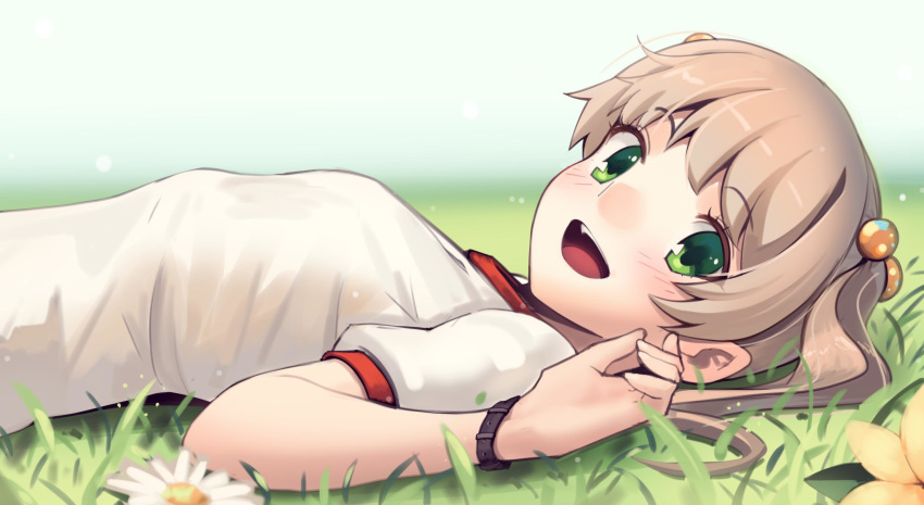 1girl :d boa_(brianoa) brown_hair eyebrows_visible_through_hair flat_chest from_side grass green_eyes hair_ornament happy highres ibarazaki_emi katawa_shoujo looking_at_viewer looking_to_the_side lying on_back on_grass on_ground open_mouth shirt short_sleeves smile solo twintails watch white_shirt wristwatch