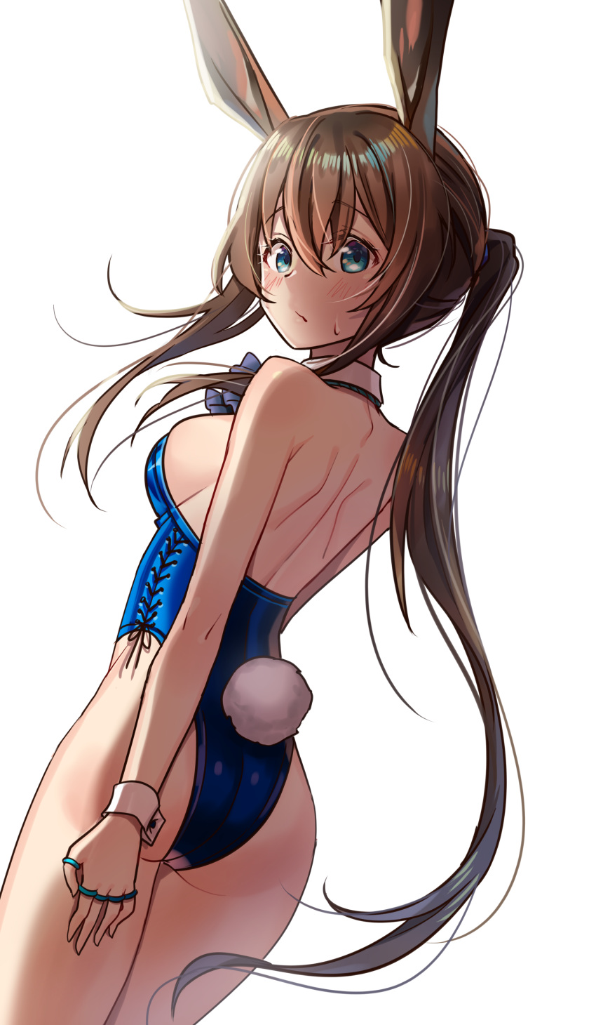 1girl absurdres amiya_(arknights) animal_ears arknights ass back backlighting bare_arms bare_shoulders blue_eyes blue_leotard brown_hair bunny_ears bunny_tail bunnysuit closed_mouth cowboy_shot detached_collar goyain highres jewelry leotard long_hair looking_at_viewer looking_back playboy_bunny_leotard ponytail ring solo sweatdrop tail thighs very_long_hair wrist_cuffs