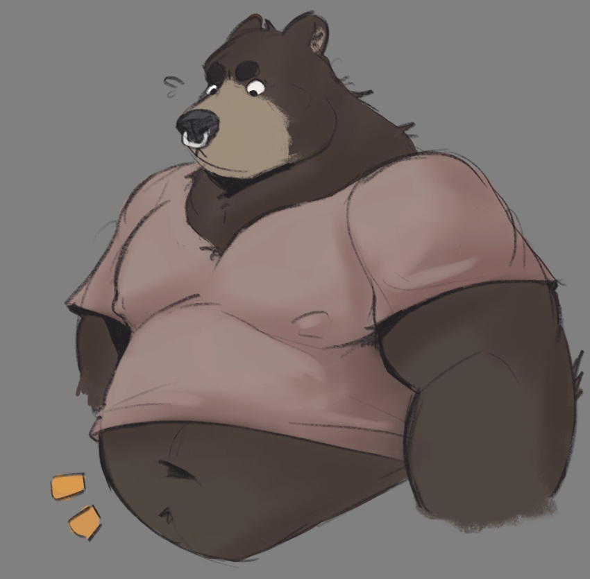 anthro belly brown_body brown_fur clothed clothing facial_piercing fur grey_background hi_res male mammal minedoo moobs navel nose_piercing nose_ring overweight overweight_male piercing simple_background solo tight_clothing ursid