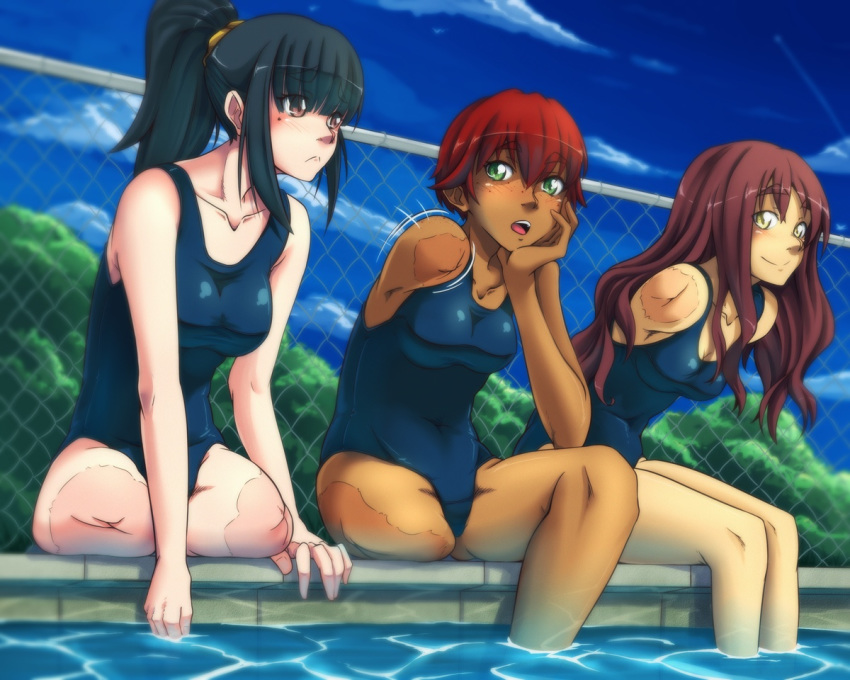 3girls :&lt; amputee bangs black_hair blue_swimsuit blunt_bangs blush breasts brown_eyes caustics chain-link_fence chin_rest cloud collarbone commentary condensation_trail covered_navel dark_skin double_amputee eyebrows_visible_through_hair eyes_visible_through_hair fence freckles frown gammatelier green_eyes hair_between_eyes hair_over_eyes high_ponytail leaning_forward legs_together long_hair looking_at_another looking_away medium_breasts mole mole_under_eye motion_lines multiple_girls open_mouth original outdoors ponytail pool poolside red_hair scar school_swimsuit short_hair side-by-side sitting sky smile soaking_feet swimsuit tree water yellow_eyes