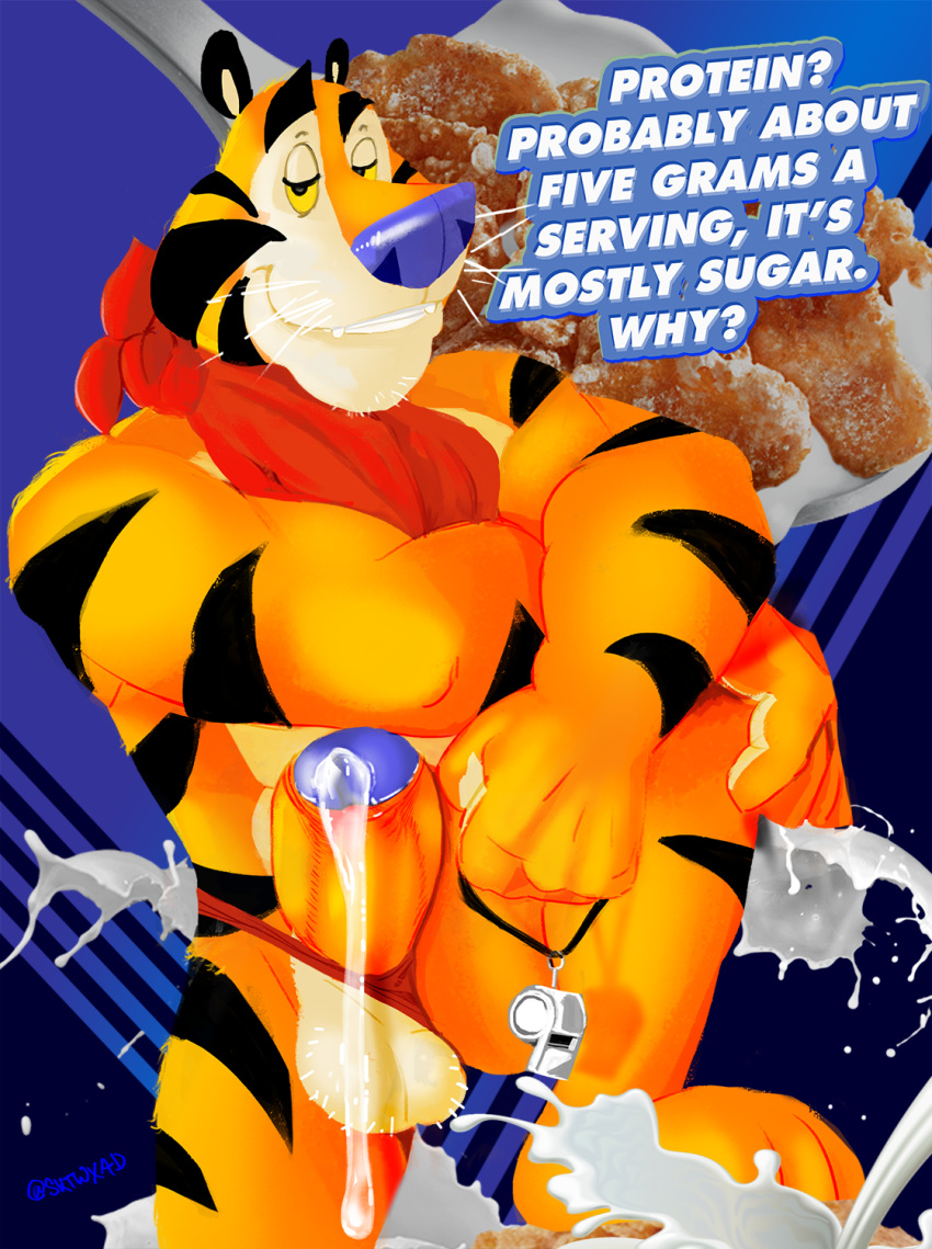 anthro ascot balls blue_nose bodily_fluids cereal cereal_box cereal_mascot clothing crossed_arms digital_media_(artwork) erection eyebrows felid food frosted_flakes fur genital_fluids genitals handkerchief hi_res humanoid_penis kellogg's looking_at_viewer lustful_eyes male mammal mascot milk muscular muscular_male pantherine pecs penis raised_eyebrow ruined_childhood skittleytwix smile solo stripes tiger tony_the_tiger yellow_eyes