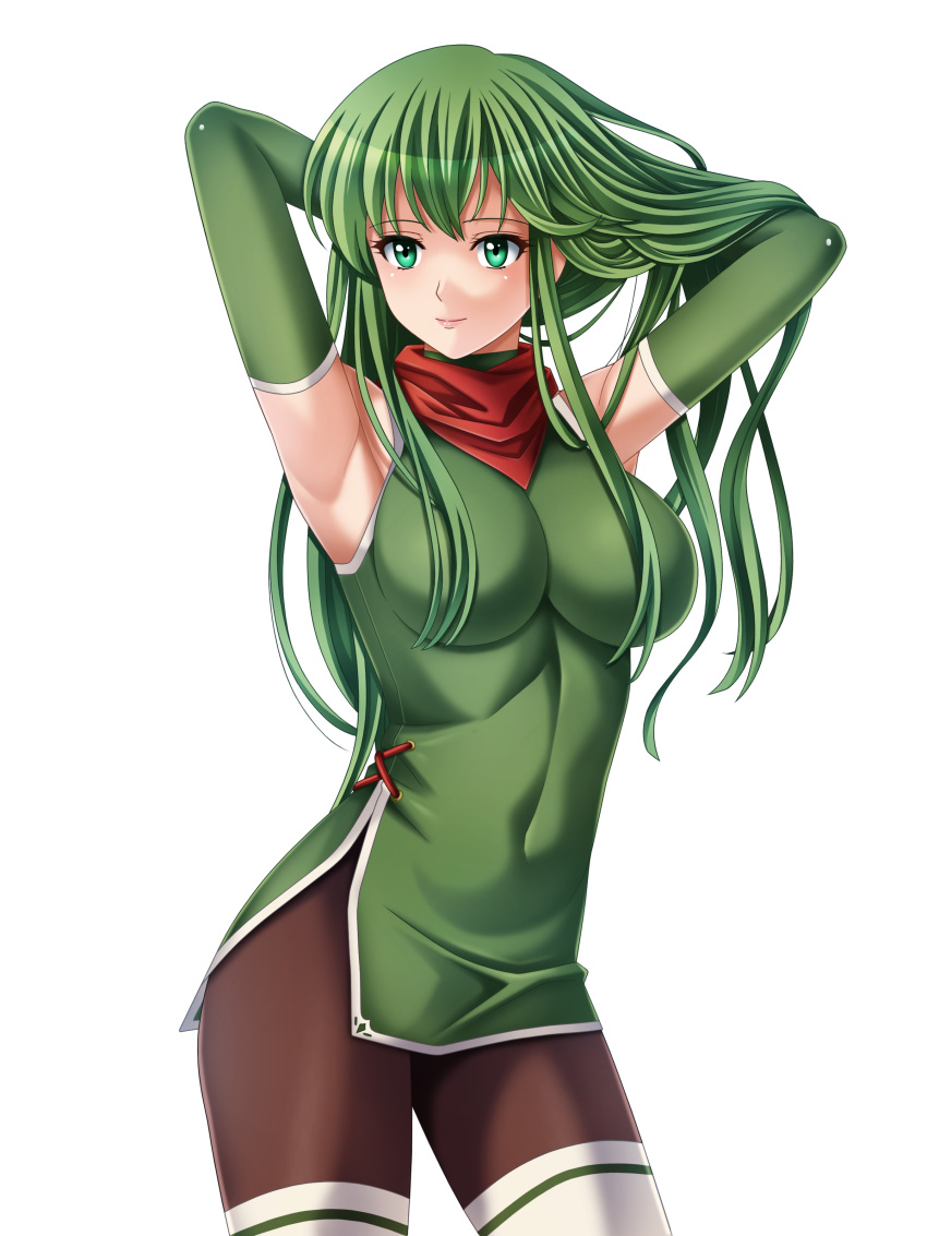 1girl absurdres armpits arms_up breasts closed_mouth elbow_gloves fire_emblem fire_emblem:_mystery_of_the_emblem gloves green_eyes green_gloves green_hair highres large_breasts long_hair palla_(fire_emblem) pantyhose simple_background solo tamamon thighhighs white_background