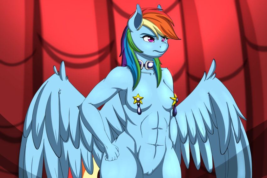 3:2 abs anthro equid equine female friendship_is_magic genitals hi_res mammal muscular muscular_female my_little_pony nude pterippus pussy rainbow_dash_(mlp) wings wolfmask