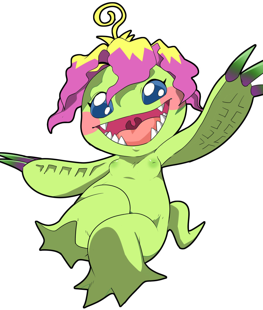 absurd_res better_version_at_source blush blush_stickers breasts cel_shading digimon digimon_(species) elemental_creature flora_fauna hi_res open_mouth open_smile palmon plant sharp_teeth simple_background smile solo teeth tongue uvula uyu white_background