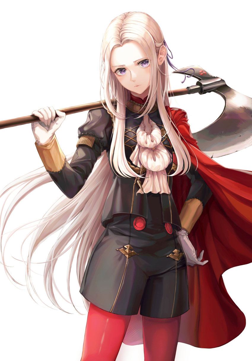 1girl absurdres aiguillette axe bangs black_shorts breasts cape csc00014 edelgard_von_hresvelg fire_emblem fire_emblem:_three_houses garreg_mach_monastery_uniform gloves hair_ribbon hand_on_hip highres long_hair long_sleeves looking_at_viewer neckerchief over_shoulder pantyhose parted_bangs purple_eyes red_legwear ribbon shorts silver_hair simple_background small_breasts solo weapon weapon_over_shoulder white_background white_gloves