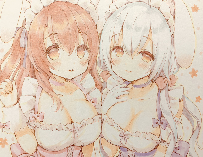 2girls animal_ears bangs blue_ribbon blush bow breasts brown_eyes brown_hair bunny_ears choker cleavage closed_mouth collarbone commentary_request eyebrows_visible_through_hair gloves grey_hair hair_between_eyes hair_bow hair_ribbon hand_up highres large_breasts looking_at_viewer maid_headdress multiple_girls original pink_bow pink_choker puffy_short_sleeves puffy_sleeves purple_bow purple_choker red_bow ribbon sakura_(usashiro_mani) short_sleeves smile traditional_media upper_body usashiro_mani white_gloves wrist_cuffs