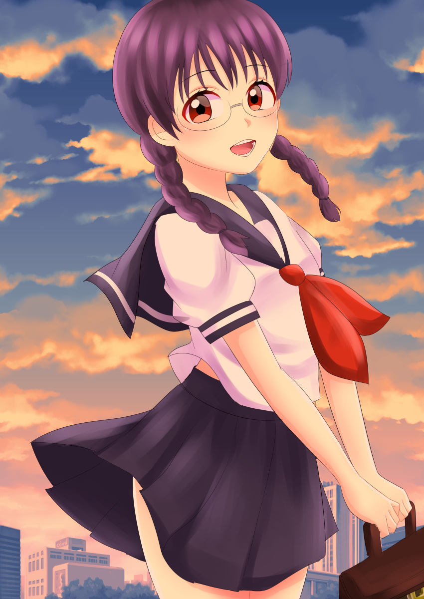 1girl absurdres blush braid brown_eyes cloud dusk evening genderswap genderswap_(mtf) gintama glasses highres inairego116 jimiko long_hair open_mouth outdoors pleated_skirt school_uniform serafuku shimura_shinpachi skirt sky solo twin_braids