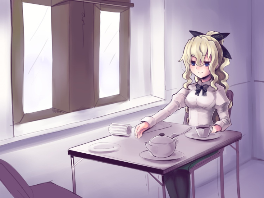 1girl black_bow black_legwear black_neckwear blind blonde_hair boa_(brianoa) bow bowtie closed_mouth cup empty_eyes eyebrows_visible_through_hair glass green_skirt hair_between_eyes hair_bow indoors juliet_sleeves katawa_shoujo long_sleeves pantyhose plate ponytail puffy_sleeves purple_eyes satou_lilly shirt sitting skirt smile solo table teacup teapot white_shirt window
