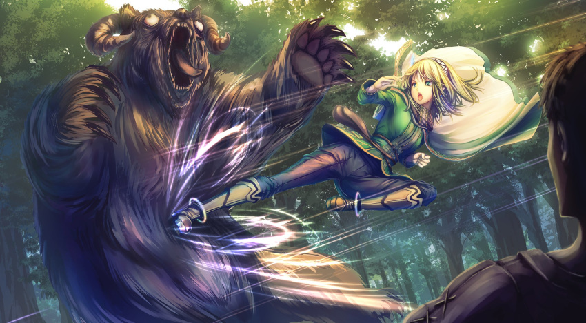 &gt;:o 1boy 1girl animal bangs battle bear blonde_hair boots breasts cape commentary_request elf energy_rings flying_kick forest green_eyes green_jacket hairband highres jacket keena_(leadale_no_daichi_nite) kicking knee_boots leadale_no_daichi_nite long_sleeves looking_at_another medium_breasts medium_hair nature novel_illustration official_art open_mouth outdoors pants pointy_ears pouch rider_kick teeth tenmaso v-shaped_eyebrows