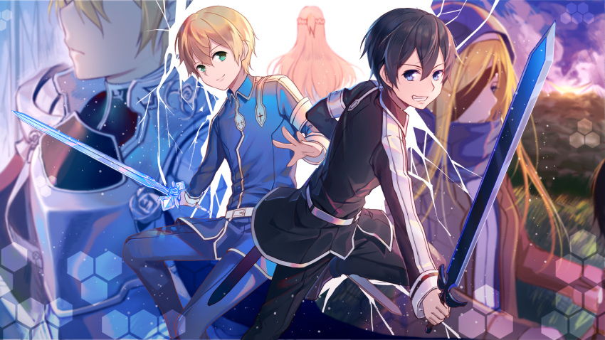 2boys armor black_hair black_jacket black_pants blonde_hair blue_eyes blue_jacket blue_pants eugeo eyepatch green_eyes grin hair_between_eyes highres holding holding_sword holding_weapon hood hood_up jacket kirito long_hair long_sleeves male_focus multiple_boys pants pos_po shoulder_armor smile spaulders sword sword_art_online sword_art_online_alicization very_long_hair wallpaper weapon