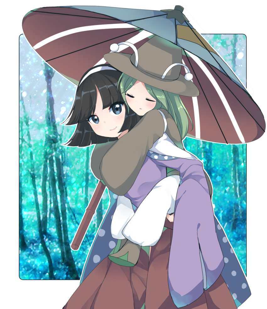 2others amanomiya_jun amanomori_shou androgynous antennae black_eyes black_hair boots cape carrying closed_eyes green_hair hat headset highres japanese_clothes len'en multiple_others ougi_hina pants piggyback polka_dot rain short_hair skirt smile umbrella